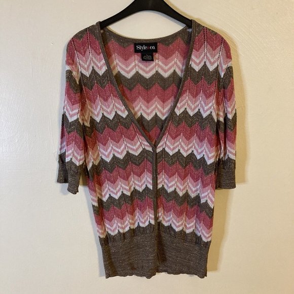 Style & Co Form Fitting Womens Pink and Gold Cardigan Sweater Top - Picture 2 of 8